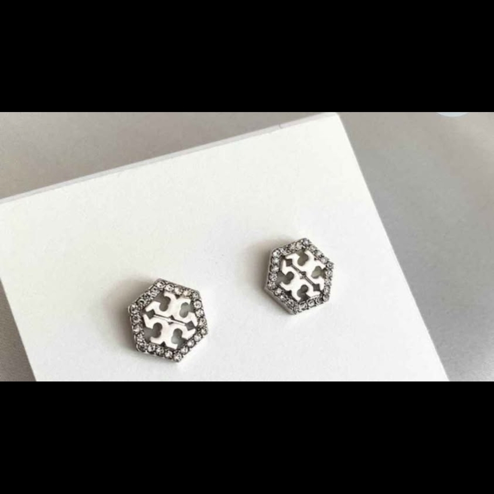 Tory Burch Silver Hexagon Crystal Earrings - Picture 6 of 7